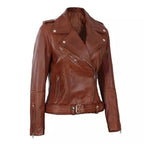 Women's Slim-Fit Brown Leather Motorcycle Jacket