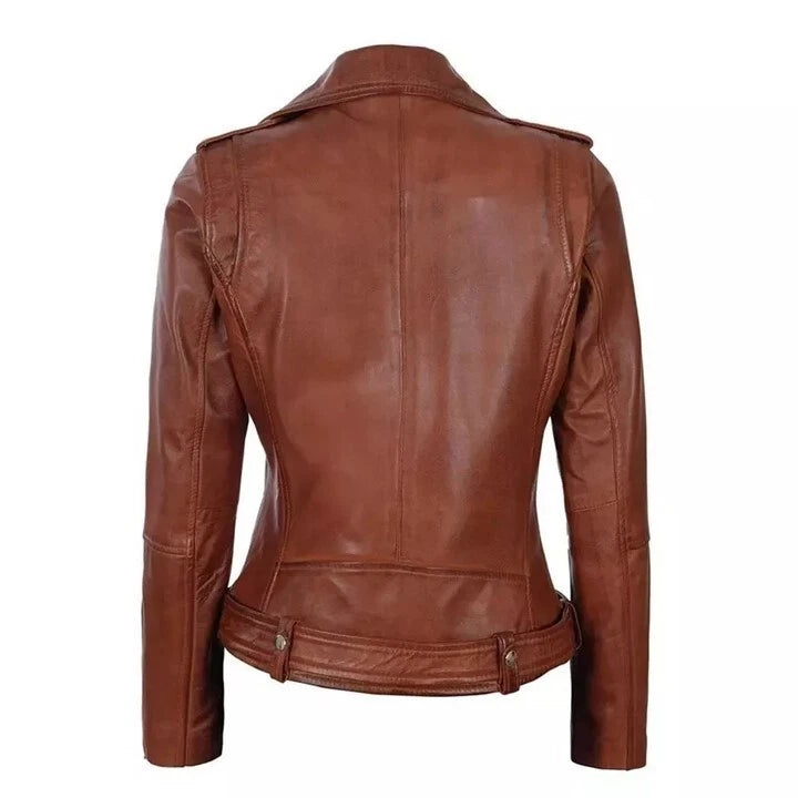 Women's Slim-Fit Brown Leather Motorcycle Jacket