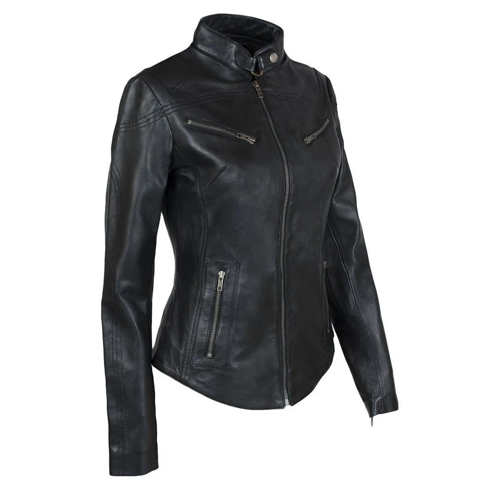 Women’s Black Real Leather Café Racer Biker Jacket