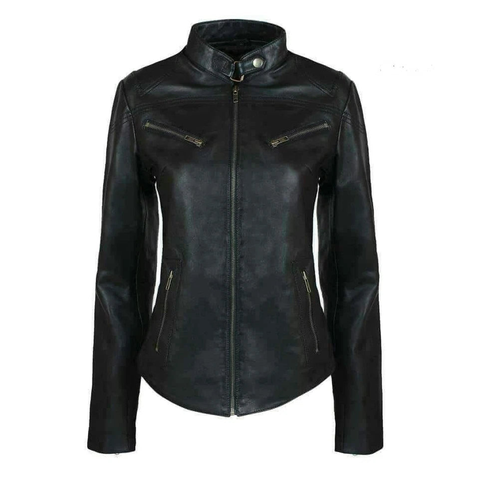 Women’s Black Real Leather Café Racer Biker Jacket