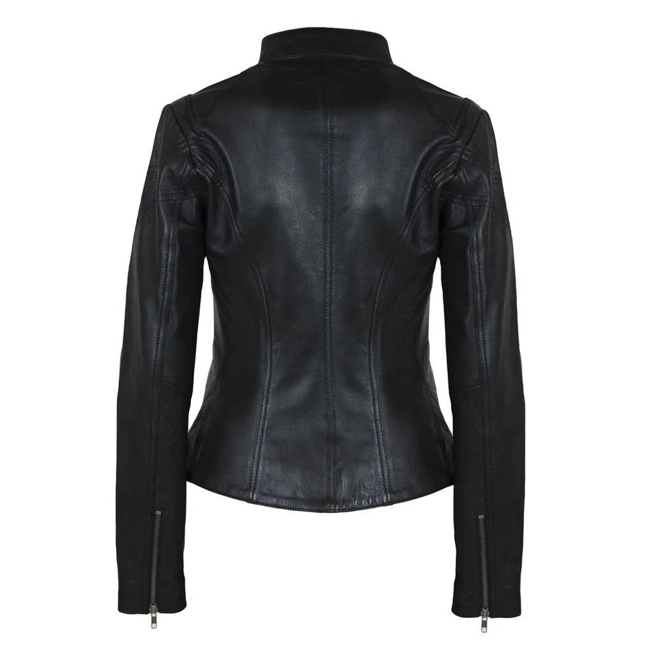 Women’s Black Real Leather Café Racer Biker Jacket