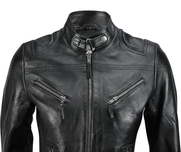 Women’s Black Real Leather Café Racer Biker Jacket