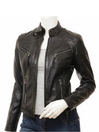 Women’s Black Real Leather Café Racer Biker Jacket