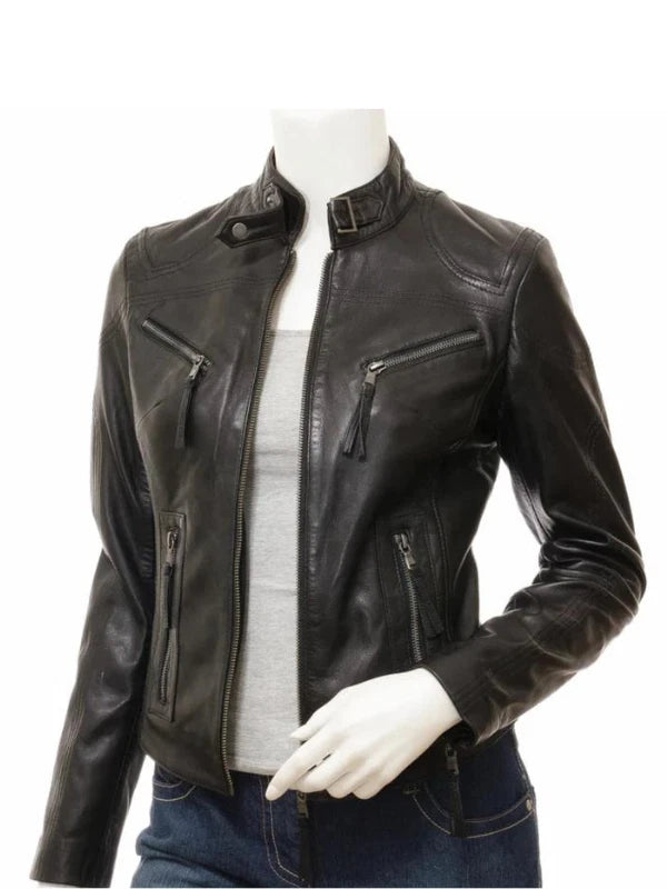 Women’s Black Real Leather Café Racer Biker Jacket