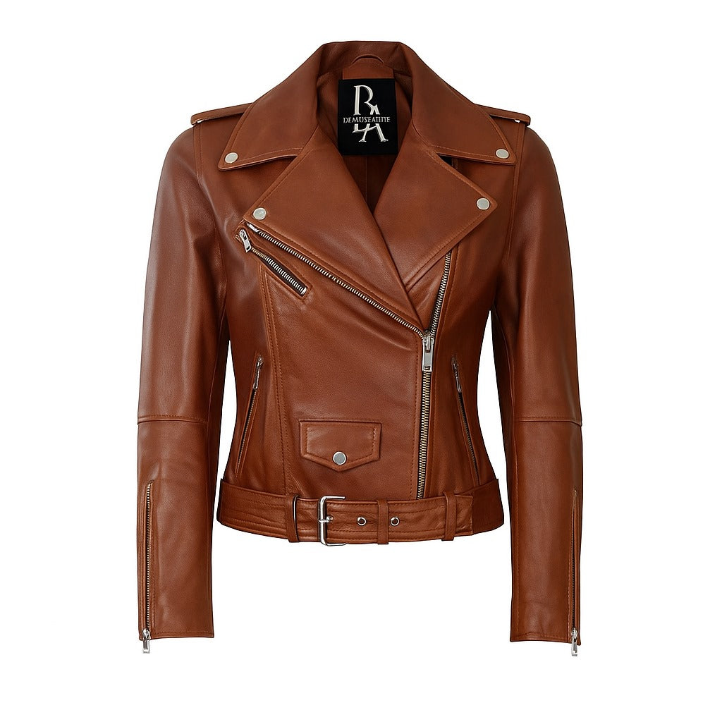 Asymmetrical Stylish Moto Biker Belted Brown Leather Jacket