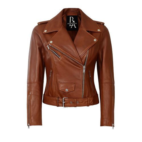Asymmetrical Stylish Moto Biker Belted Brown Leather Jacket