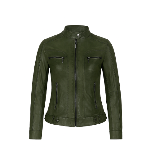 Women’s Olive Green 100% Pure Sheepskin Leather Biker Motorcycle Jacket