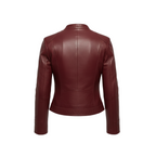 Maroon leather jacket on a white background with a brand logo.
