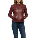 Woman wearing a maroon leather jacket on a white background