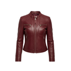 Maroon leather jacket on a white background with a brand logo.