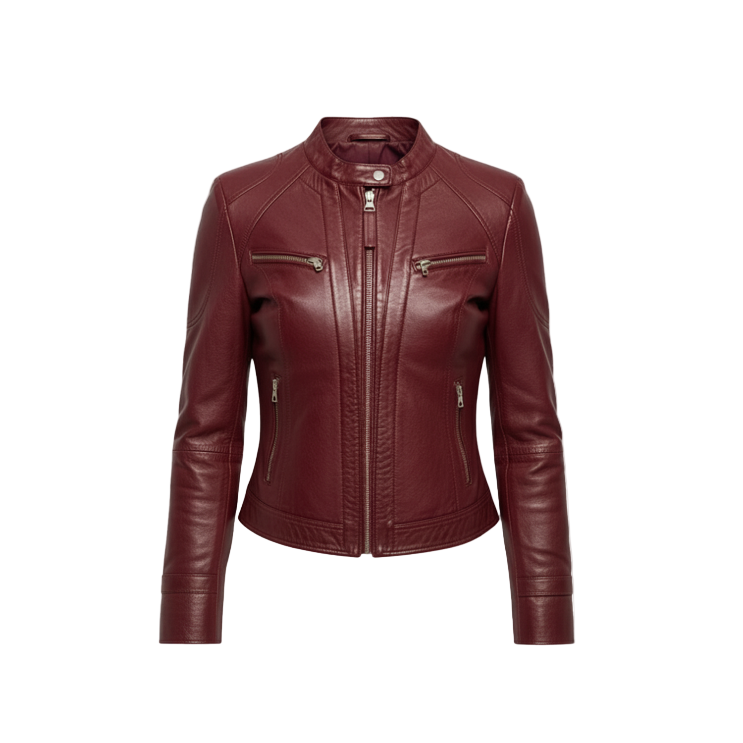 Maroon leather jacket on a white background with a brand logo.