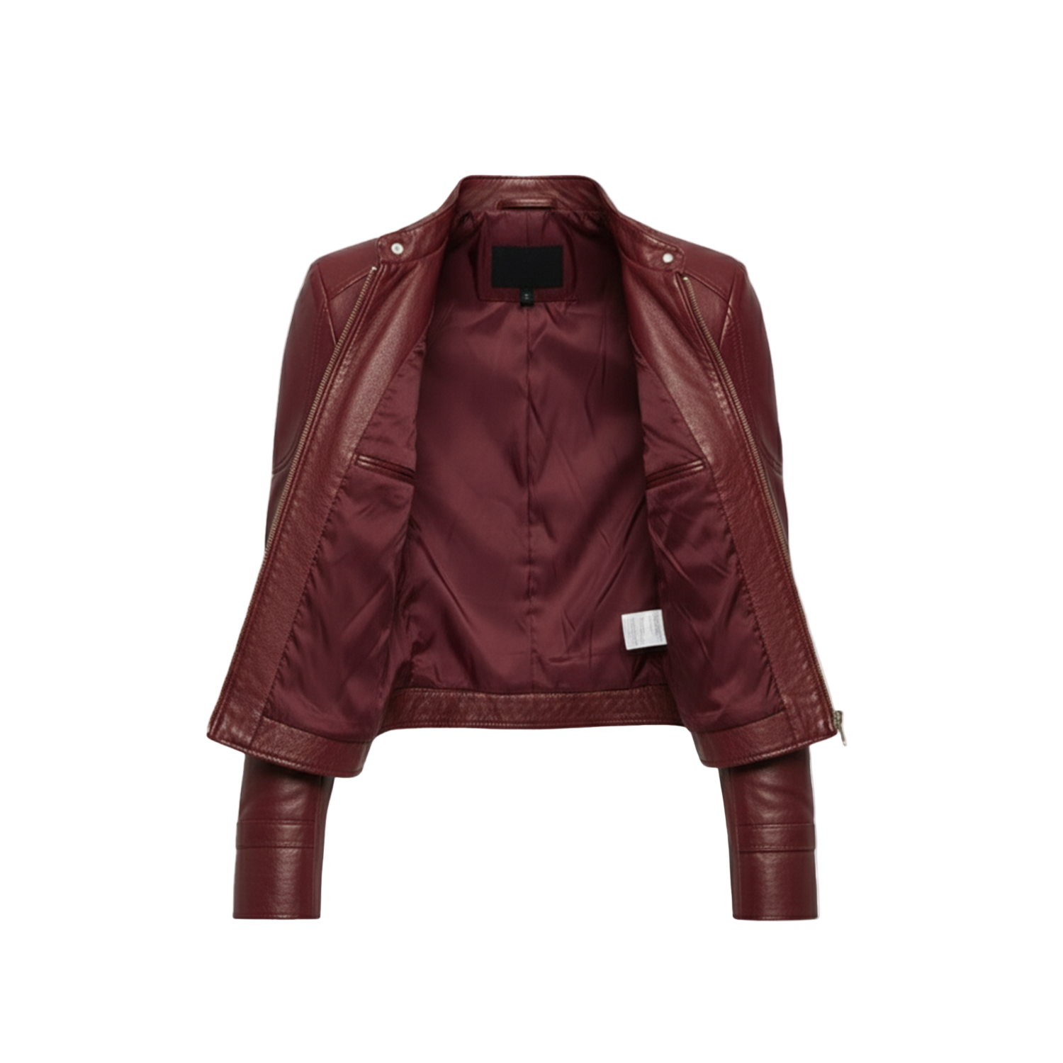Maroon leather jacket on a white background with brand logo.