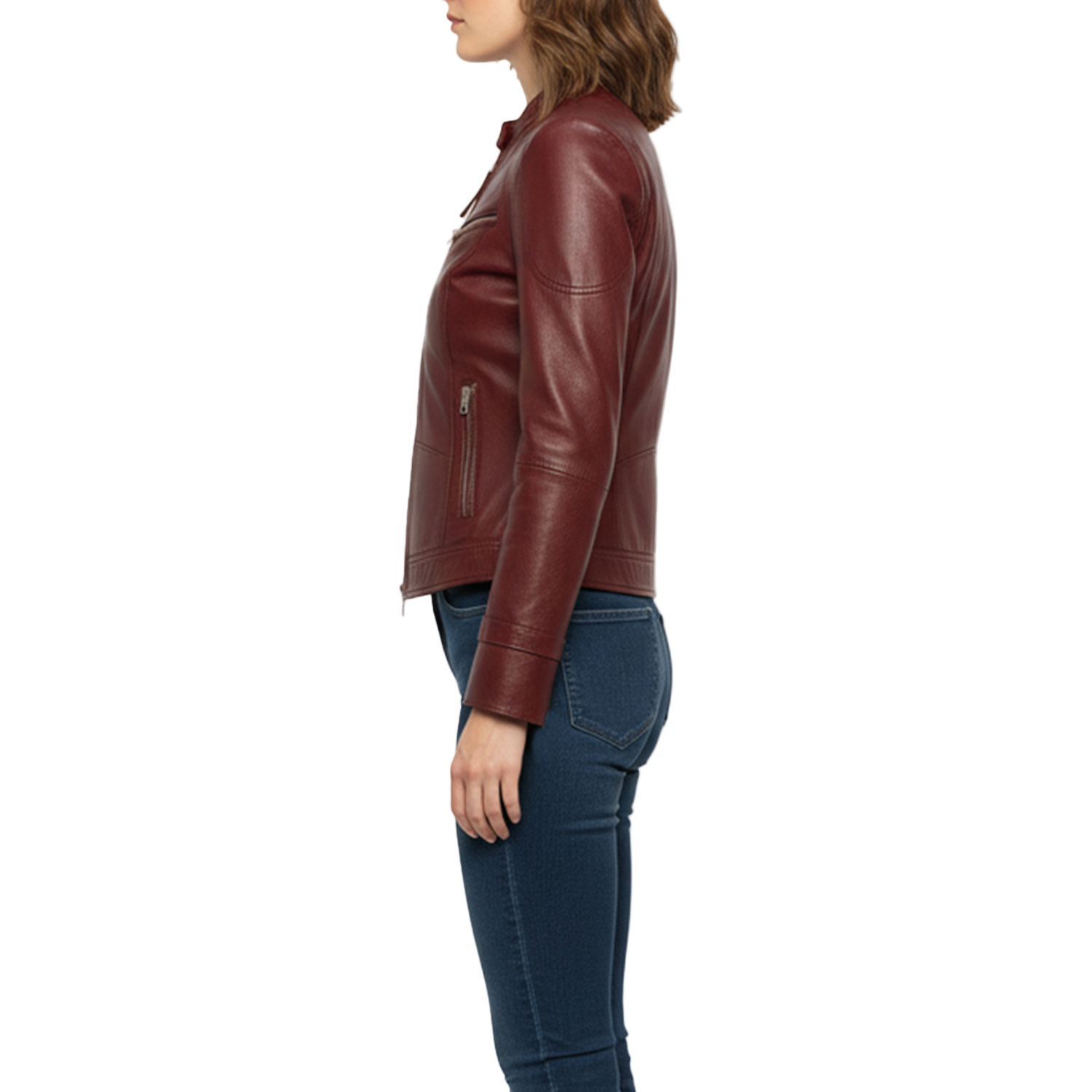 Brown leather jacket worn by a person on a white background