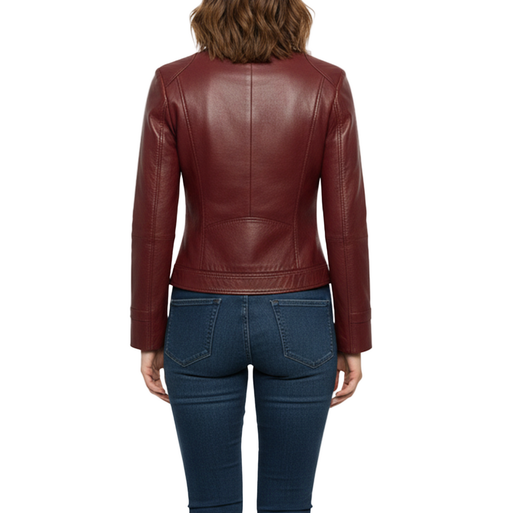 Red leather jacket worn by a person on a white background