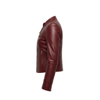 Brown leather jacket on a white background with a brand logo.