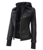 Women’s Black Leather Bomber Jacket with Removable Hood