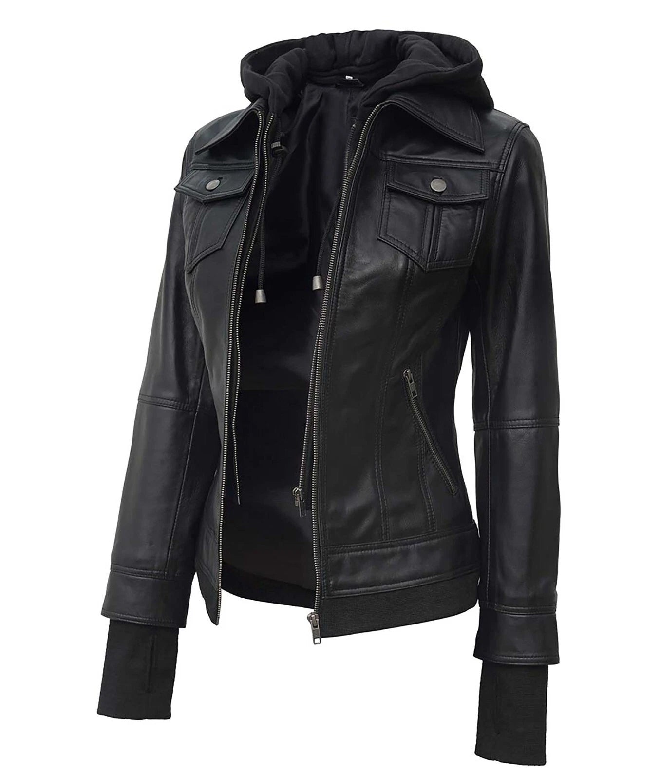 Women’s Black Leather Bomber Jacket with Removable Hood