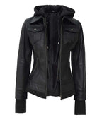 Women’s Black Leather Bomber Jacket with Removable Hood