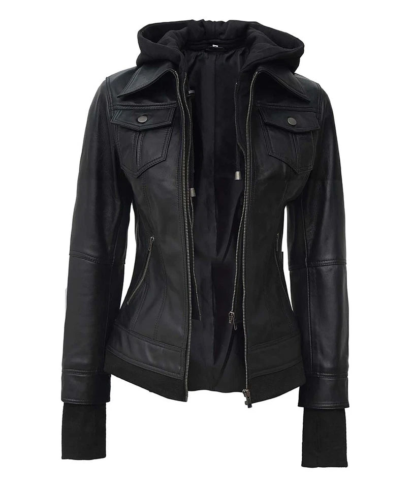 Women’s Black Leather Bomber Jacket with Removable Hood