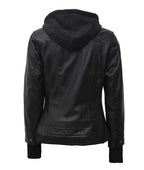 Women’s Black Leather Bomber Jacket with Removable Hood