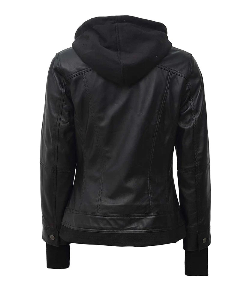 Women’s Black Leather Bomber Jacket with Removable Hood