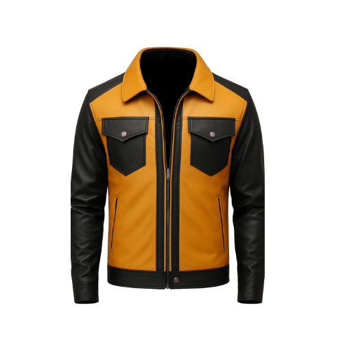 Men’s Mustard & Charcoal Grey Real Sheepskin Leather Trucker Biker Jacket