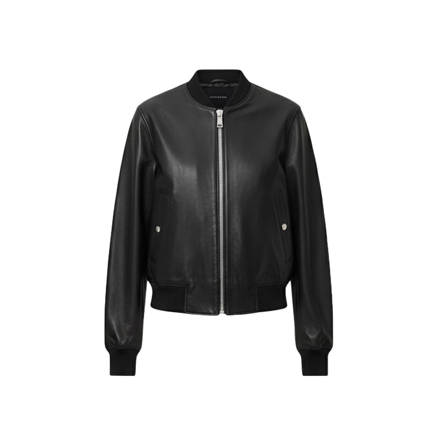 Black leather bomber jacket on a white background