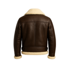 Brown leather jacket with beige shearling lining on a white background