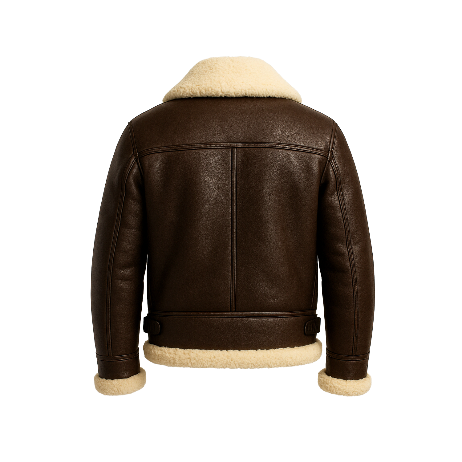 Brown leather jacket with beige shearling lining on a white background
