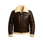 Brown leather jacket with beige fur lining on a white background