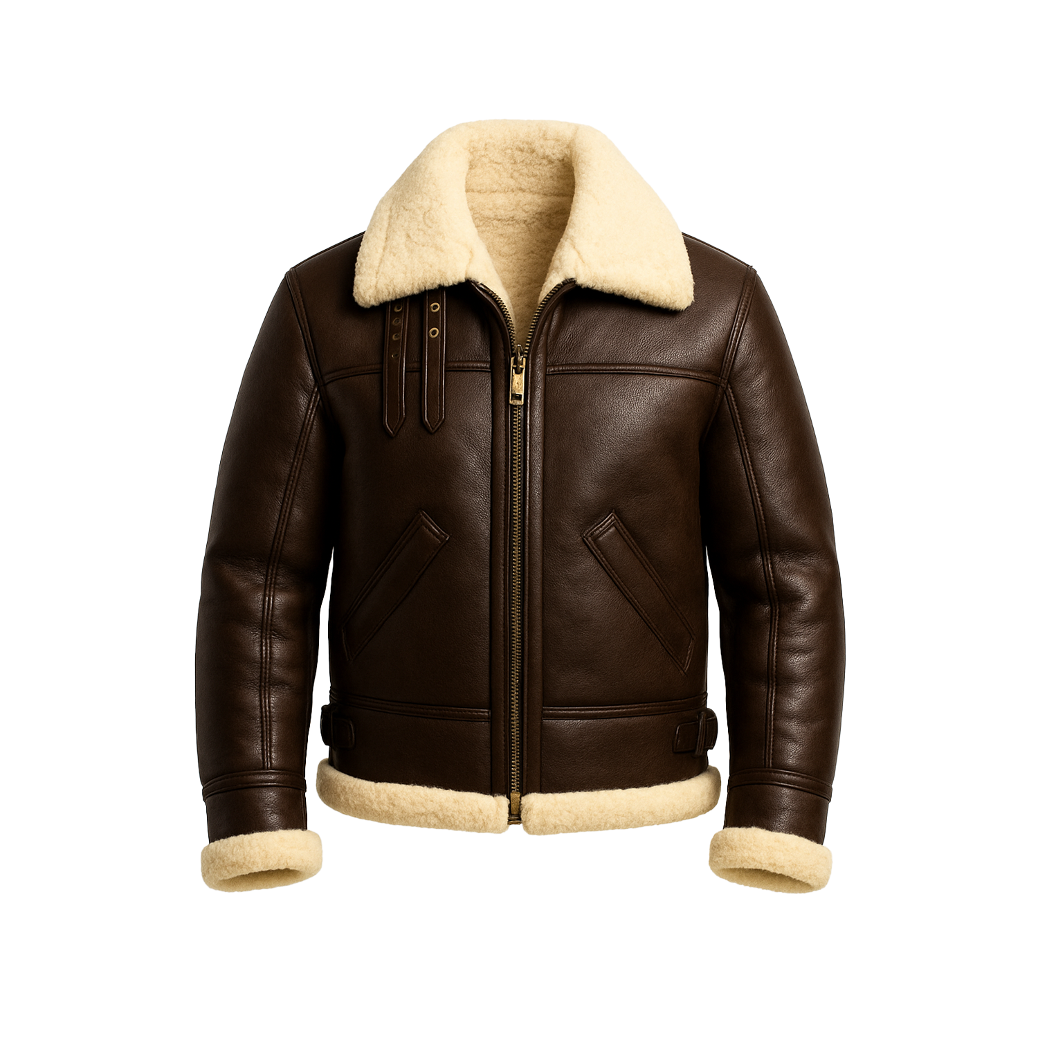 Brown leather jacket with beige fur lining on a white background