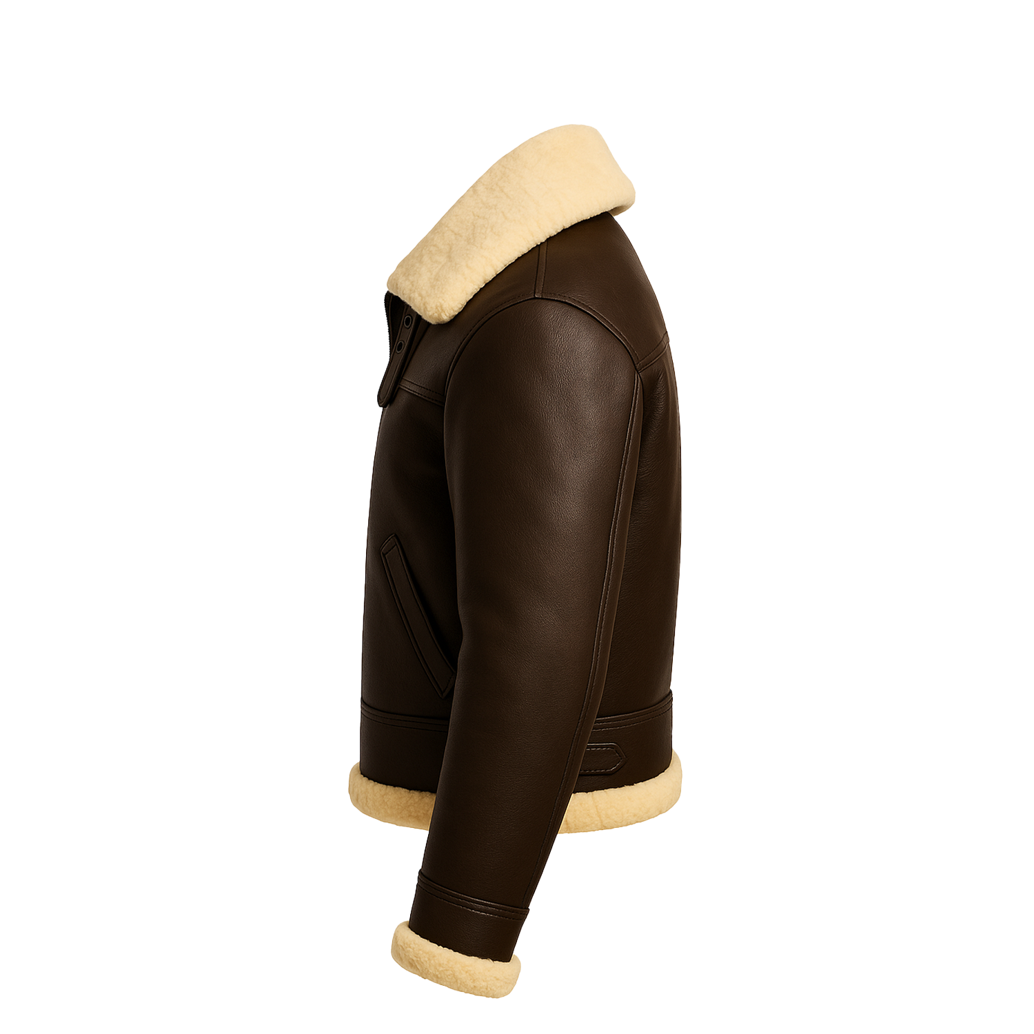 Brown leather jacket with beige fur lining on a white background