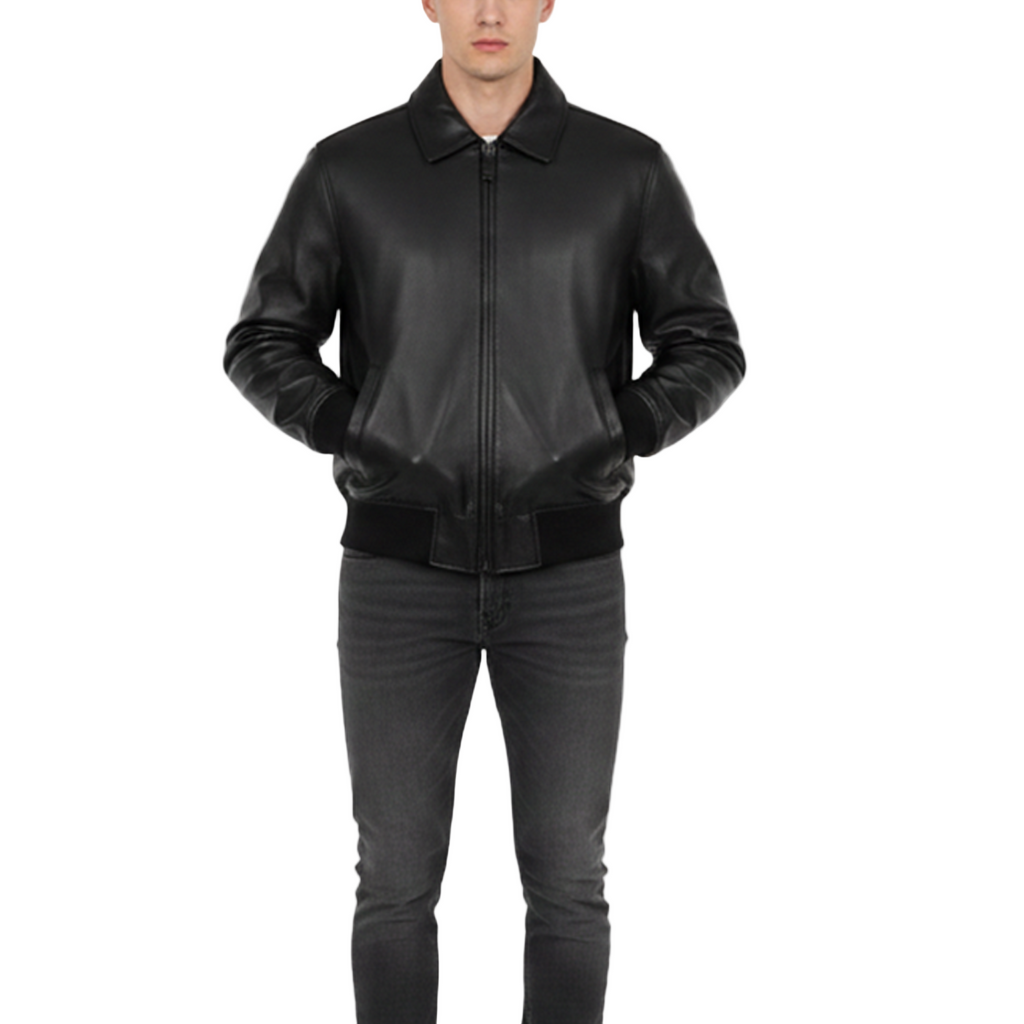 Person wearing a black leather jacket on a white background