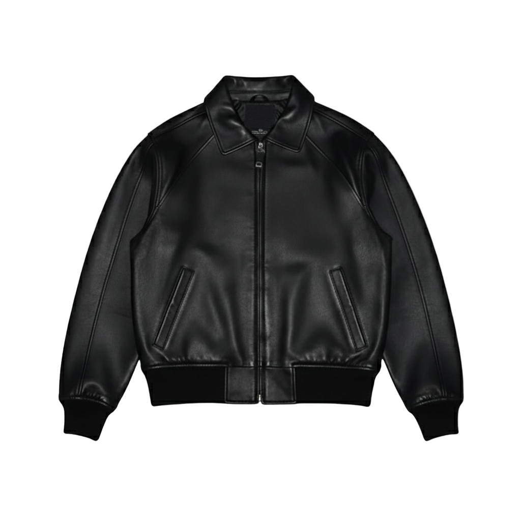 Black leather jacket on a white background with a brand logo.