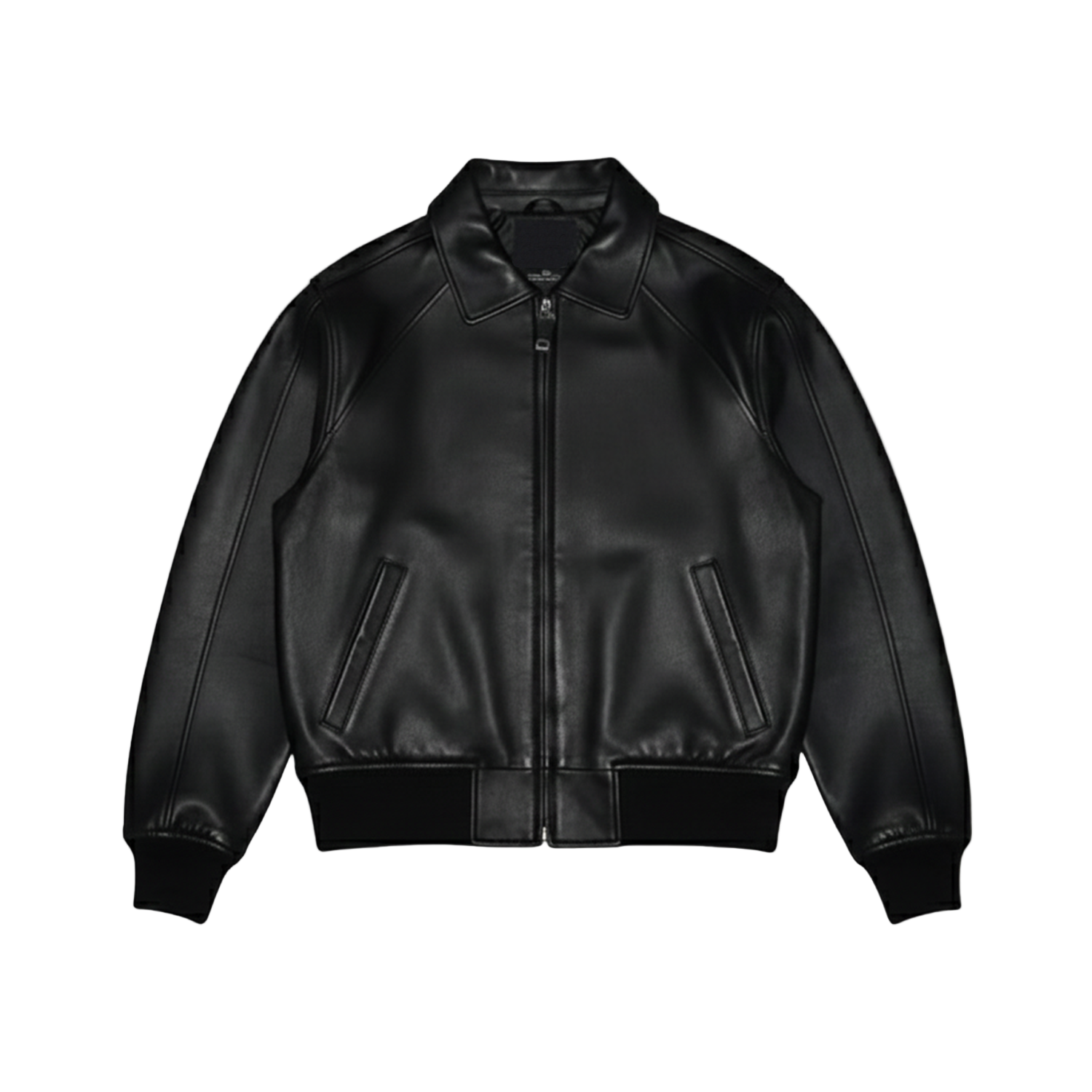 Black leather jacket on a white background with a brand logo.