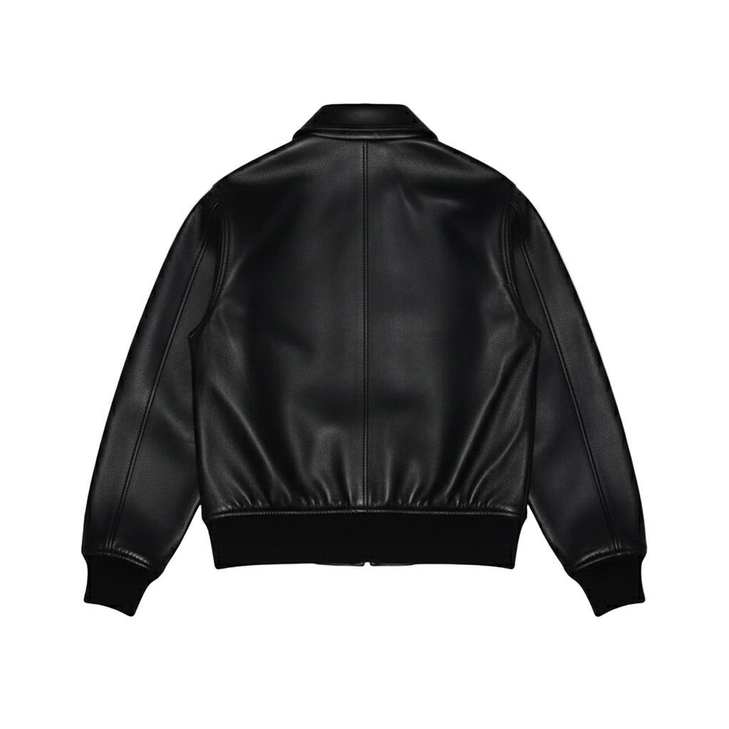 Black leather jacket on a white background with a brand logo.