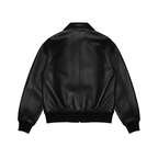 Black leather jacket on a white background with a brand logo.