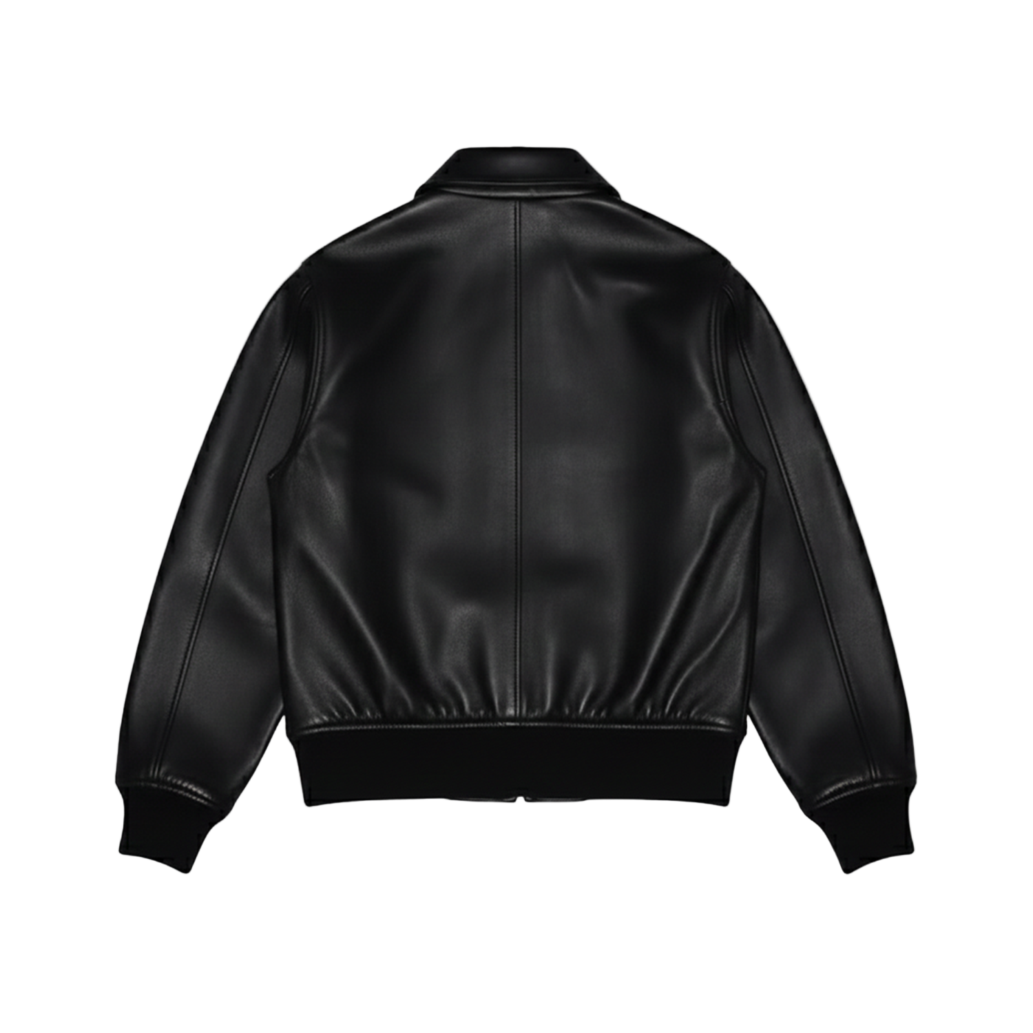 Black leather jacket on a white background with a brand logo.