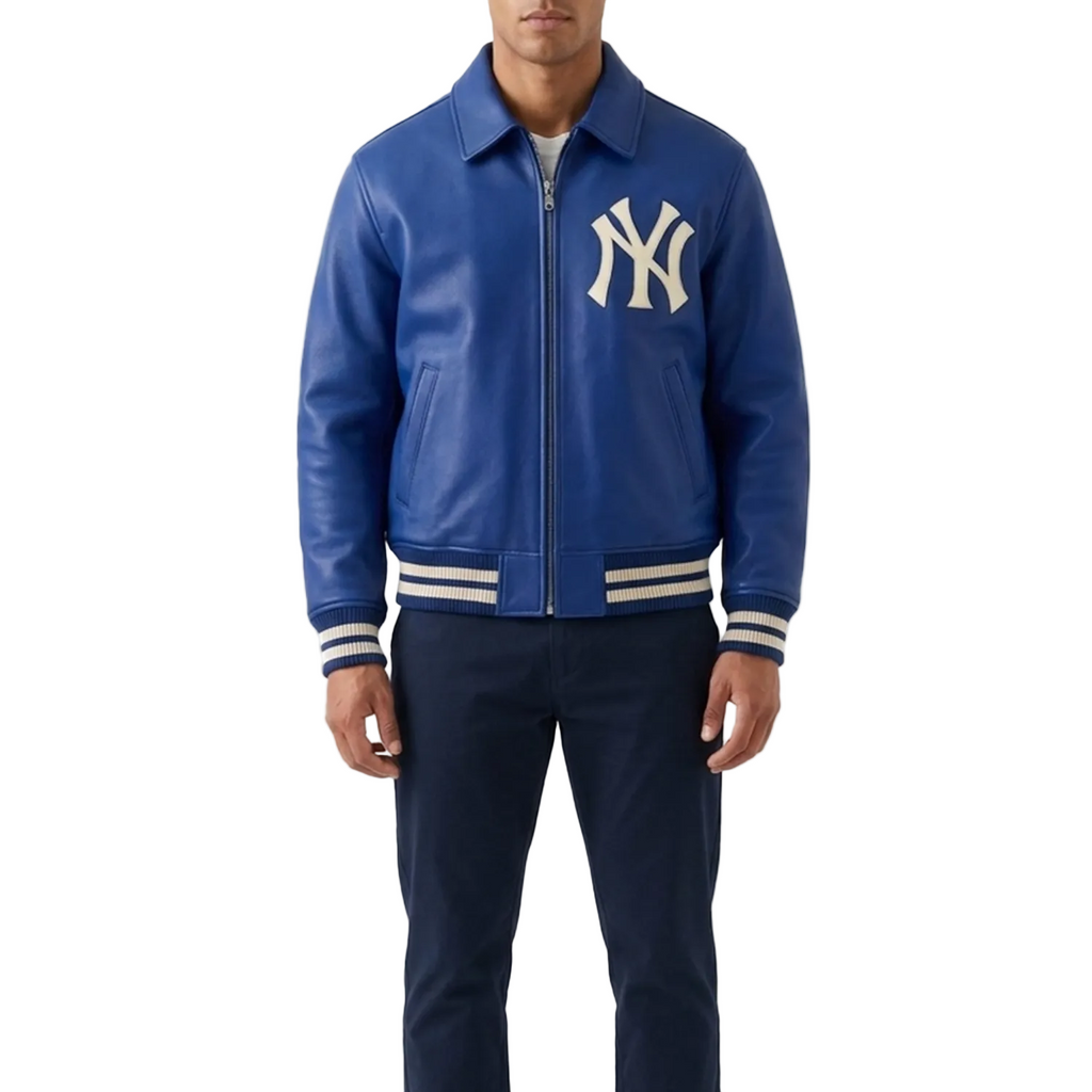 Blue leather jacket with a logo on a white background