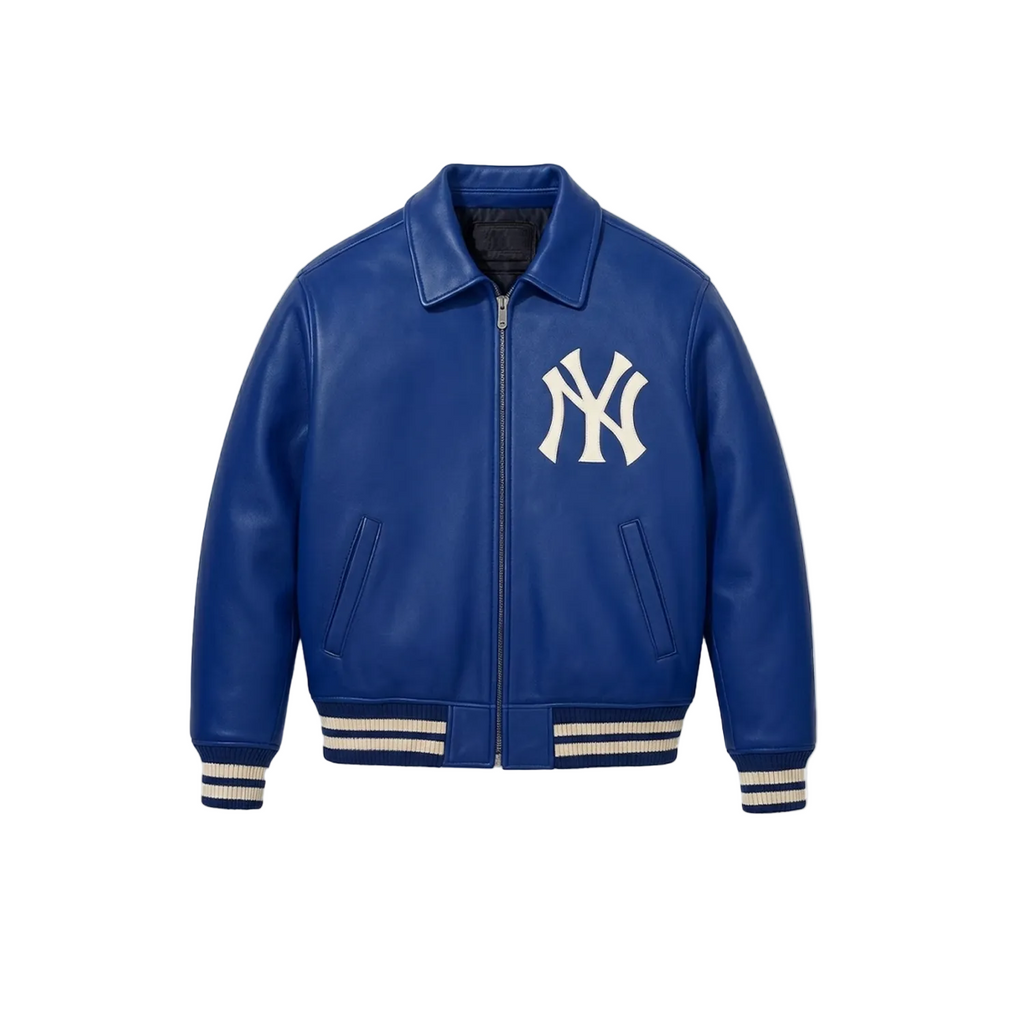 Blue leather jacket with a logo on a white background