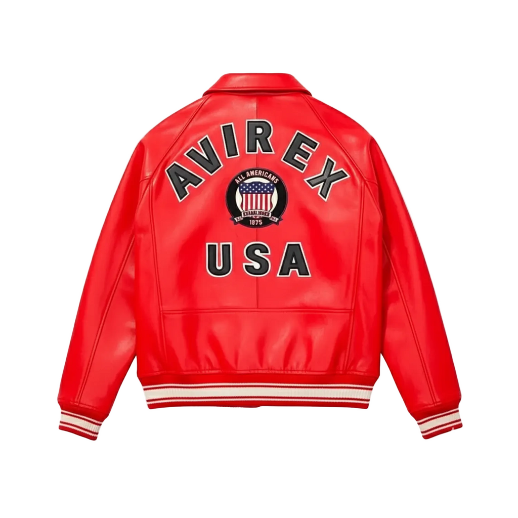 Red leather jacket with 'AVIREX USA' branding on a white background