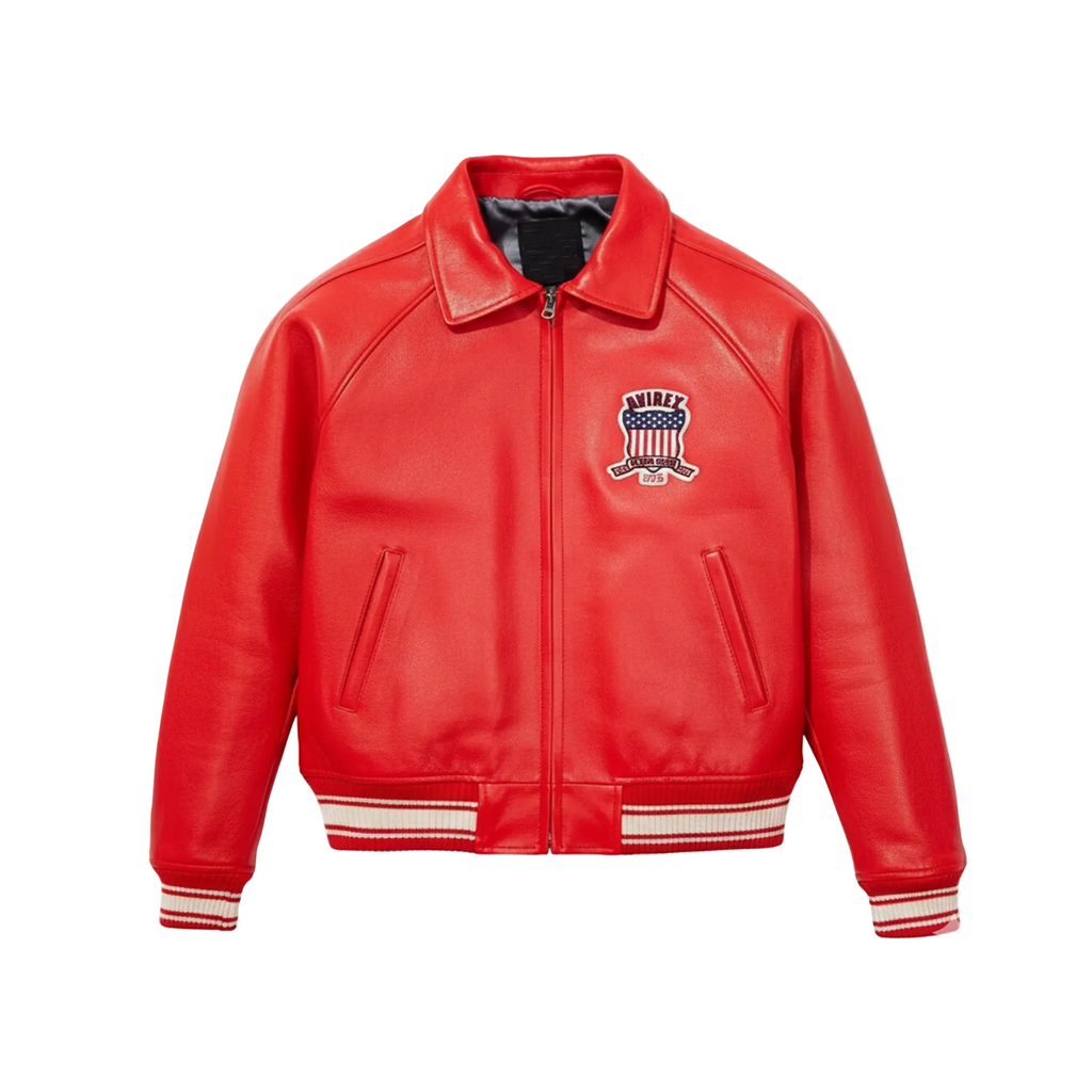 Red leather jacket with a logo on a white background