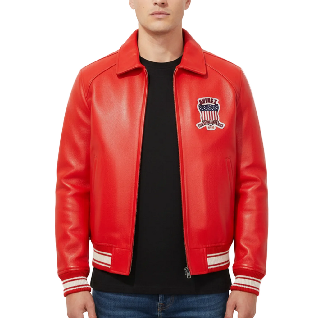 Red leather jacket with a logo on a white background
