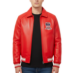 Red leather jacket with a logo on a white background