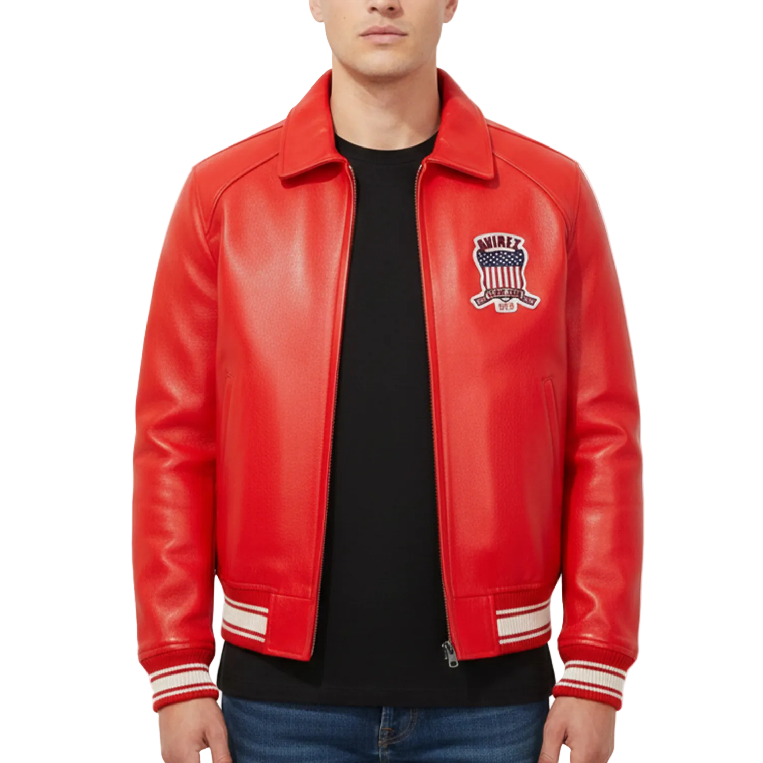 Red leather jacket with a logo on a white background