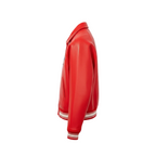 Red leather jacket with white trim on a white background