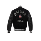 Black leather jacket with 'Avirex USA' branding on a white background