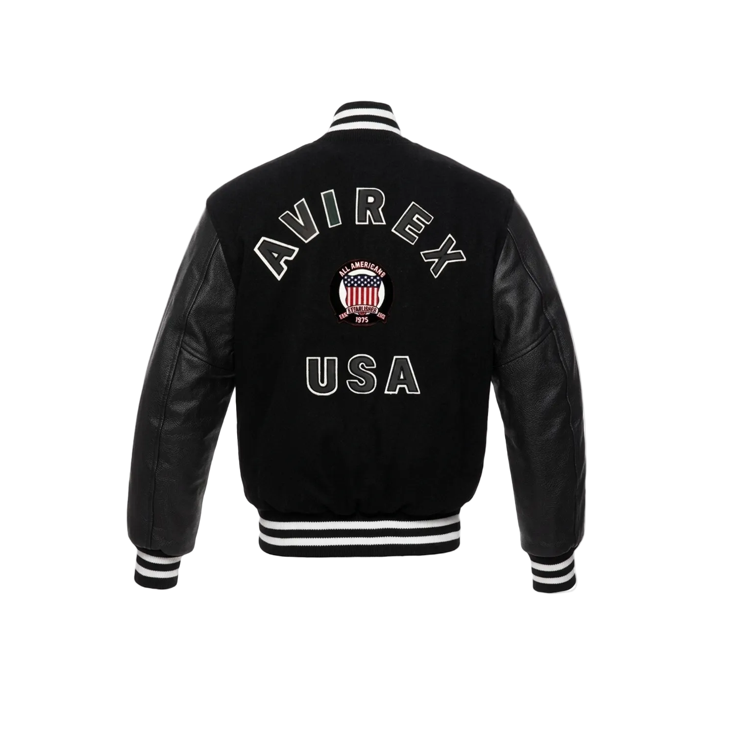 Black leather jacket with 'Avirex USA' branding on a white background