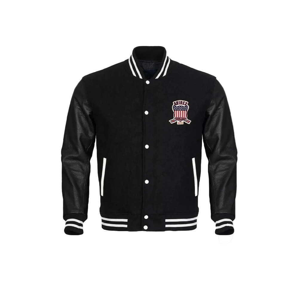 Black varsity jacket with a logo on a white background