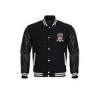 Black varsity jacket with a logo on a white background